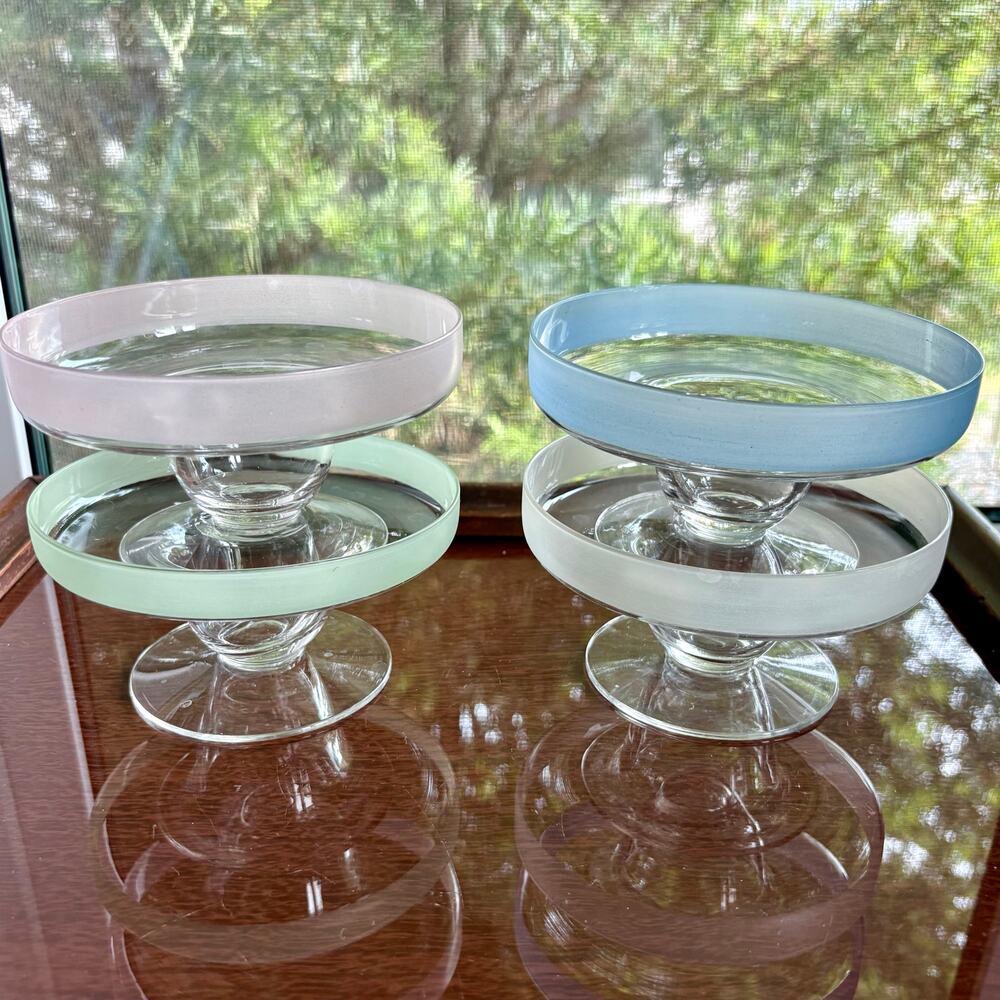Set of 4 Vintage Pastel Frosted Rim Glass Dessert Bowls